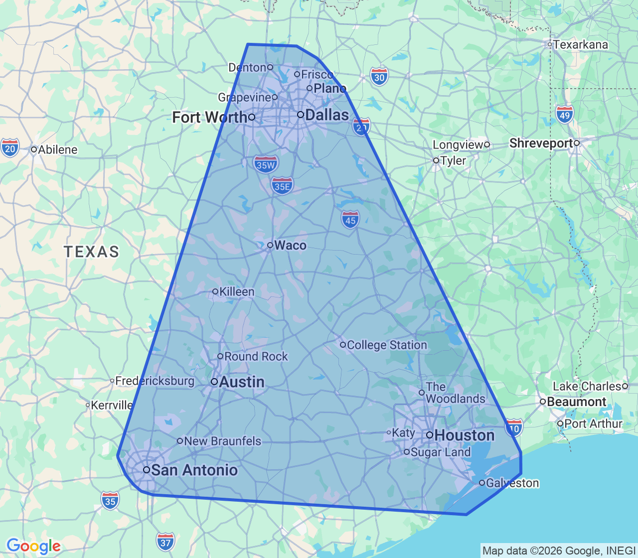 Texas service coverage map showing one continuous highlighted region connecting Dallas–Fort Worth, Waco, Austin, San Antonio, College Station, Houston and Galveston, including communities between them.